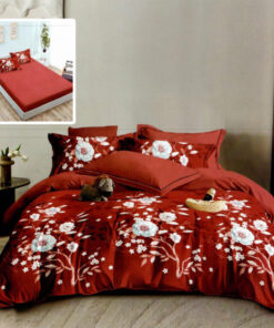 Ropa de cama roja con flor de manzanilla