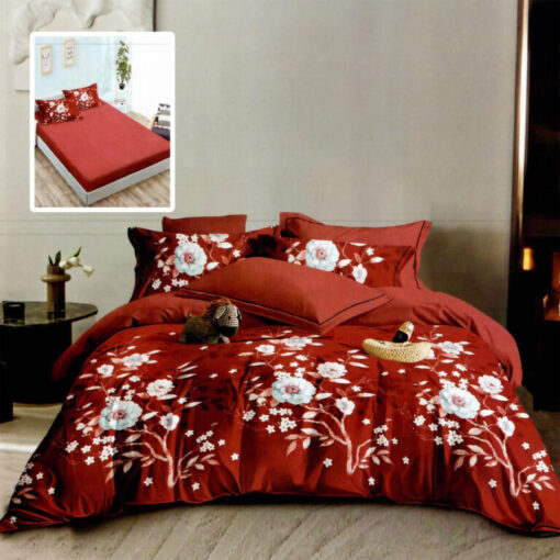 Ropa de cama roja con flor de manzanilla