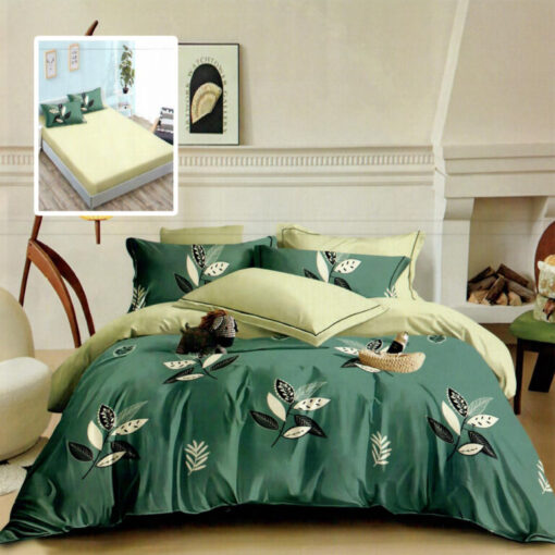 Ropa de cama verde con hojas