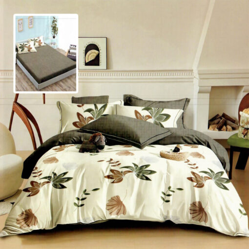 Ropa de cama blanca y gris oscuro con hojas