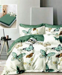 Ropa de cama blanca y verde con mariposas