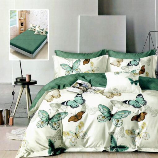 Ropa de cama blanca y verde con mariposas