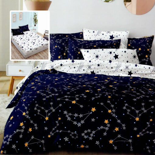 Ropa de cama blanca y negra con estrellas
