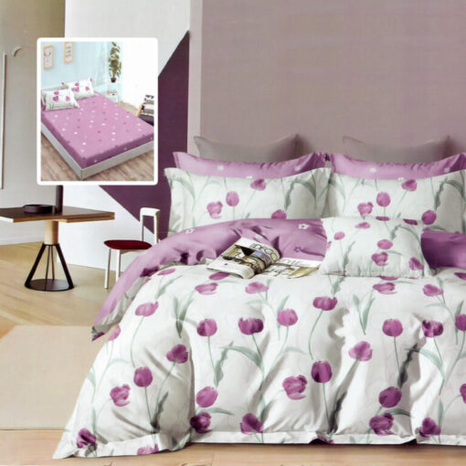 Ropa de cama blanca y lila con flores