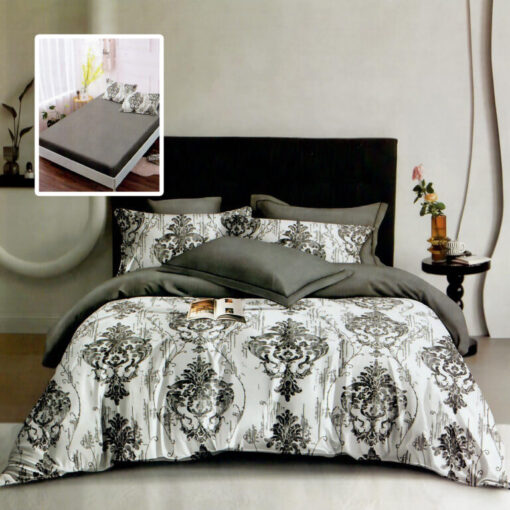 Ropa de cama gris y blanca