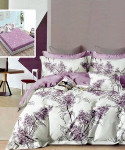 Ropa de cama blanca y lila con flores