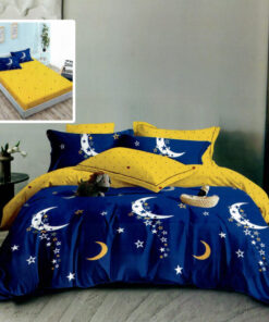 Ropa de cama amarilla y azul con semilunas
