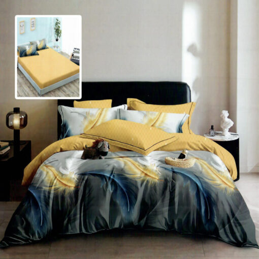 Ropa de cama amarilla con plumas azules y amarillas