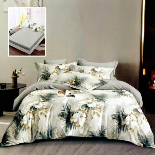 Ropa de cama gris y flores blancas