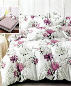 Ropa de cama blanca y flores lila