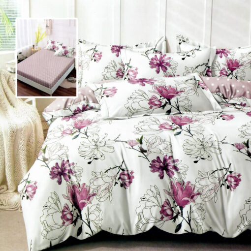 Ropa de cama blanca y flores lila