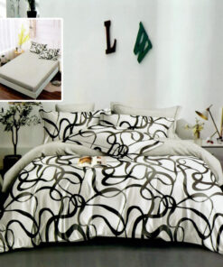 Ropa de cama blanca y gris con rayas negras