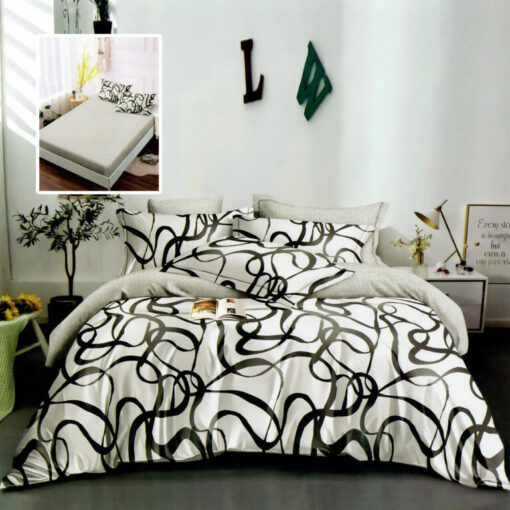 Ropa de cama blanca y gris con rayas negras