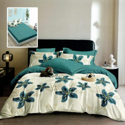 Ropa de cama blanca y turquesa con flores